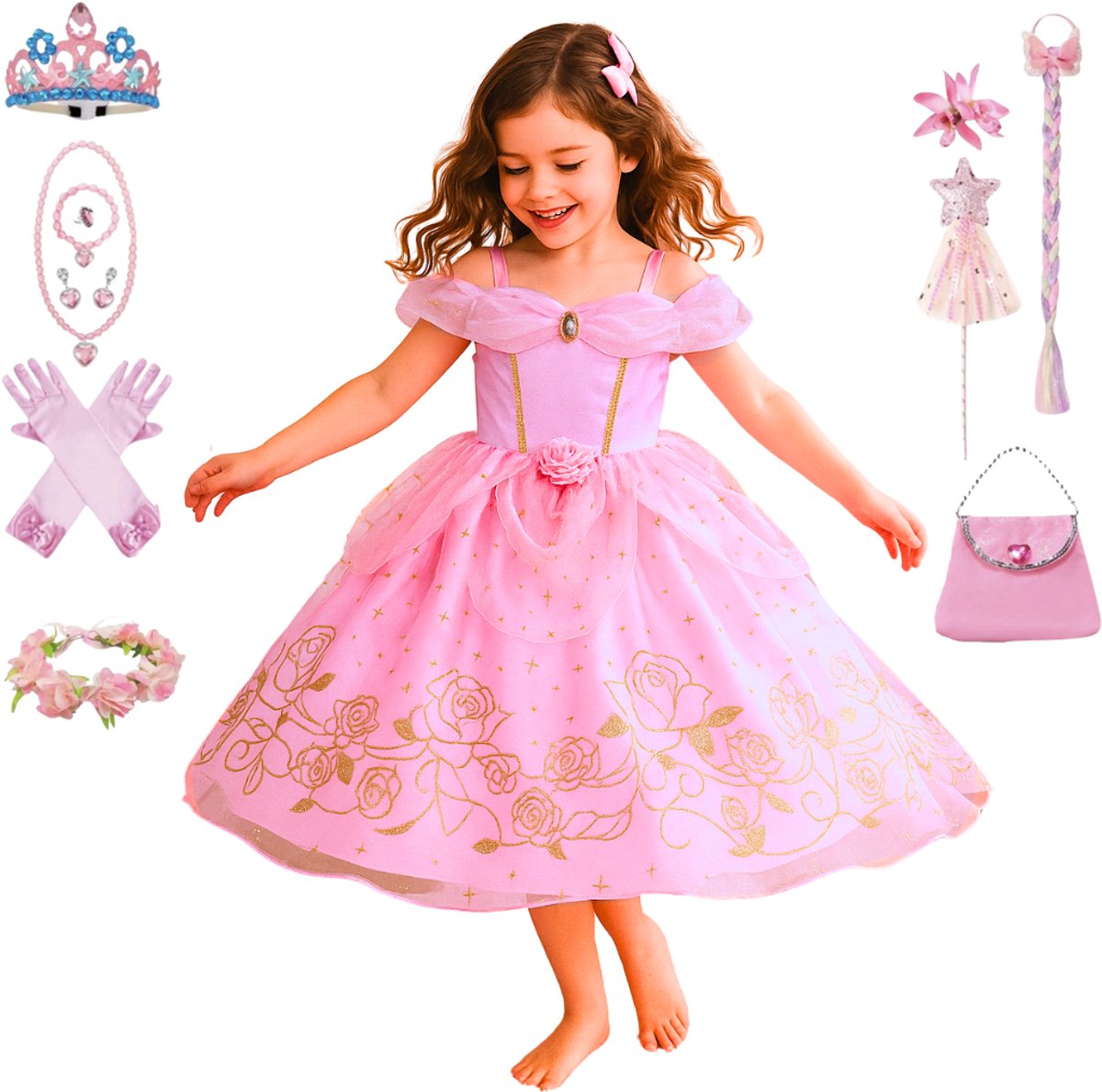 Joya Kids® Luxe Prinsessenjurk Lichtroze voor kinderen | Jurk met Glans & Tule | 11-delige Verkleedset met Accessoires | Verkleedjurk Meisje Tule Rok | Halloween kostuum | Carnaval kleding | Prinses kostuum Jurk | Maat 150